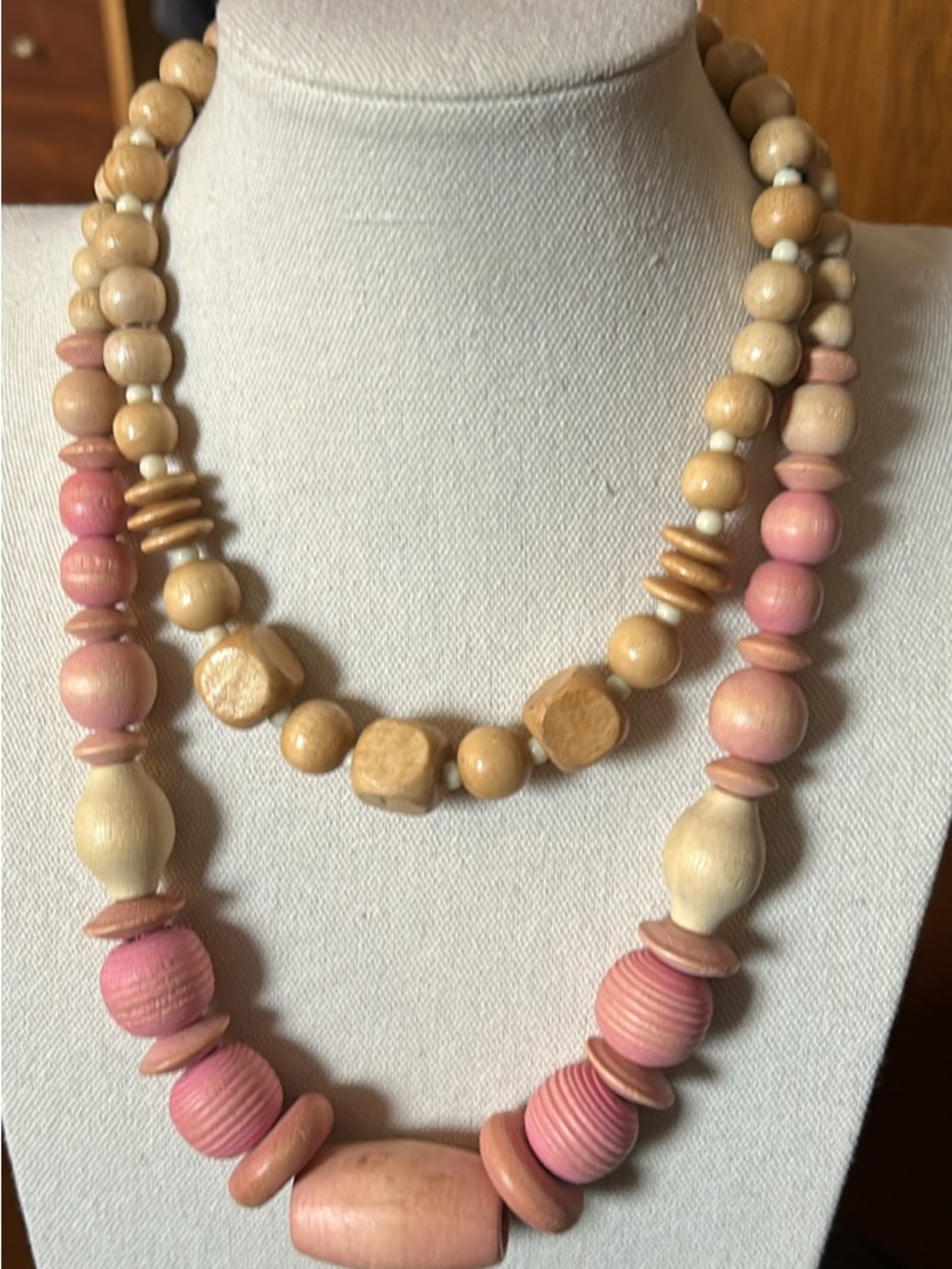 Wood Wood Pink and Natural Wood Layered Bead Necklace